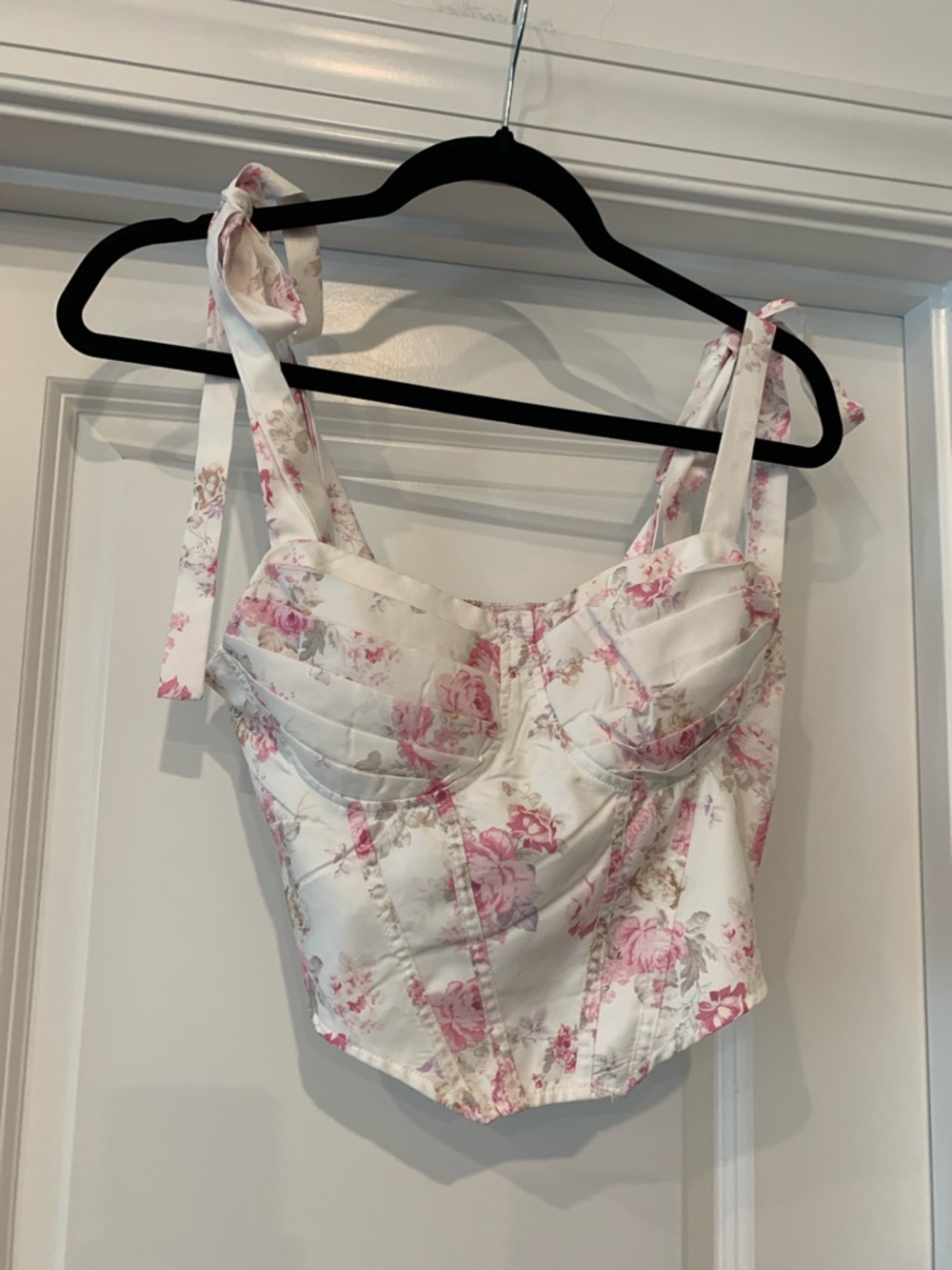 SHEIN White & pink Floral Bustier Tie-Shoulder Crop Top S NWT